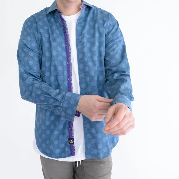 Au Noir Blue Polka Dot 100% Cotton Button Down Designer Dress Shirt Size 4 Large - Picture 2 of 16